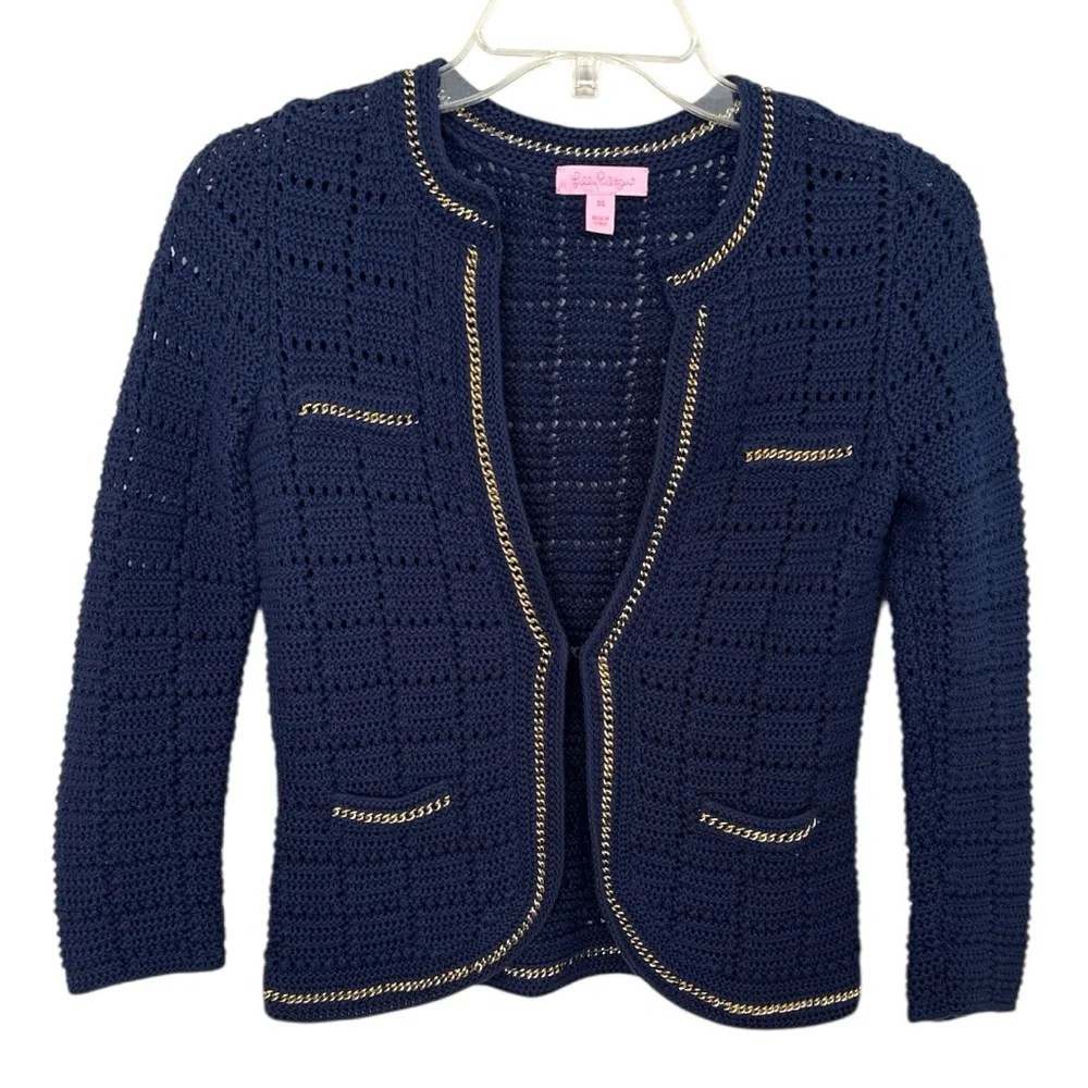 Lily Pulitzer navy cardigan with gold chain accents XS EUC DH-15 - Picture 1 of 6